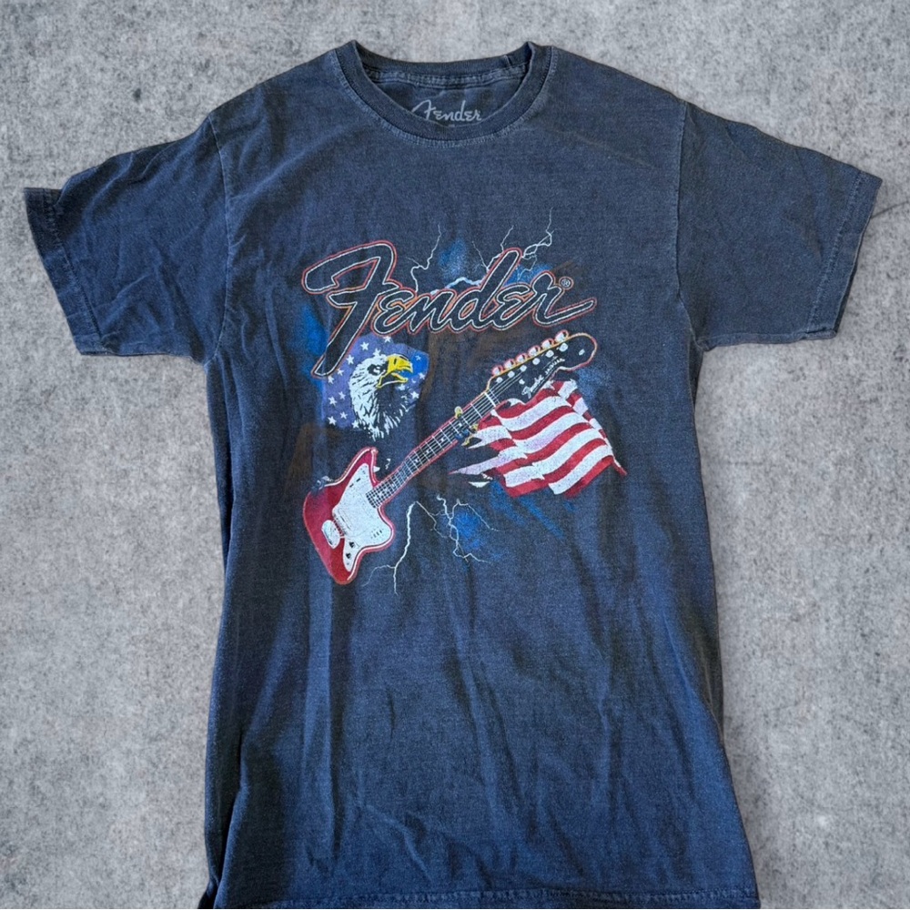 Fender Navy Blue T-Shirt with Eagle and Guitar Design